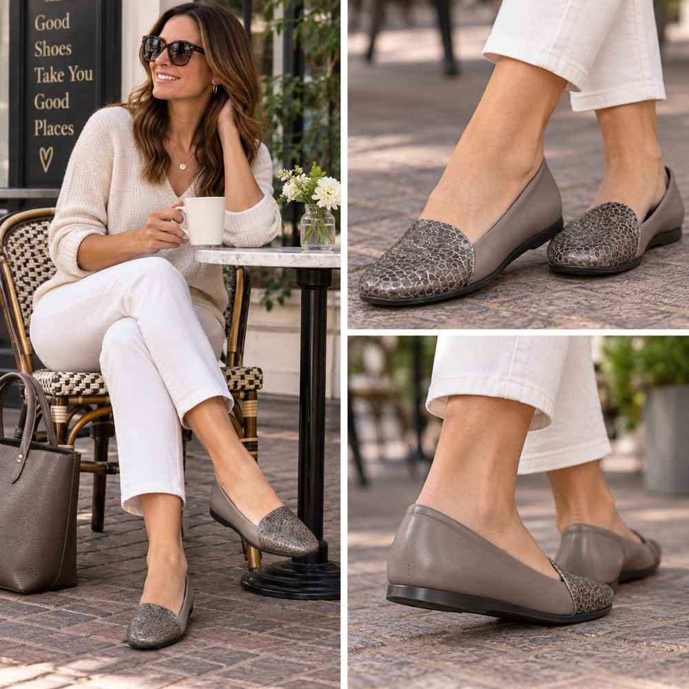 ECCO Anine Warm Grey Leather Snakeskin Embossed Ballet Flats‎ Loafers 271583 38